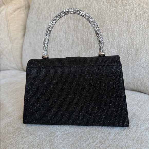Sincerely Jules Black Evening Bag with Rhinestone Bow & Handle, Silver Clutch - Picture 4 of 11